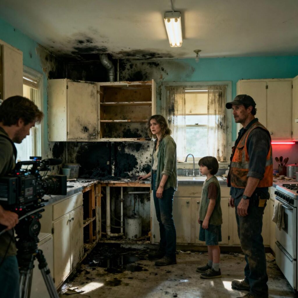 A family inspecting extensive mold damage in their kitchen caused by a hidden water leak, with cabinets removed and black mold visible