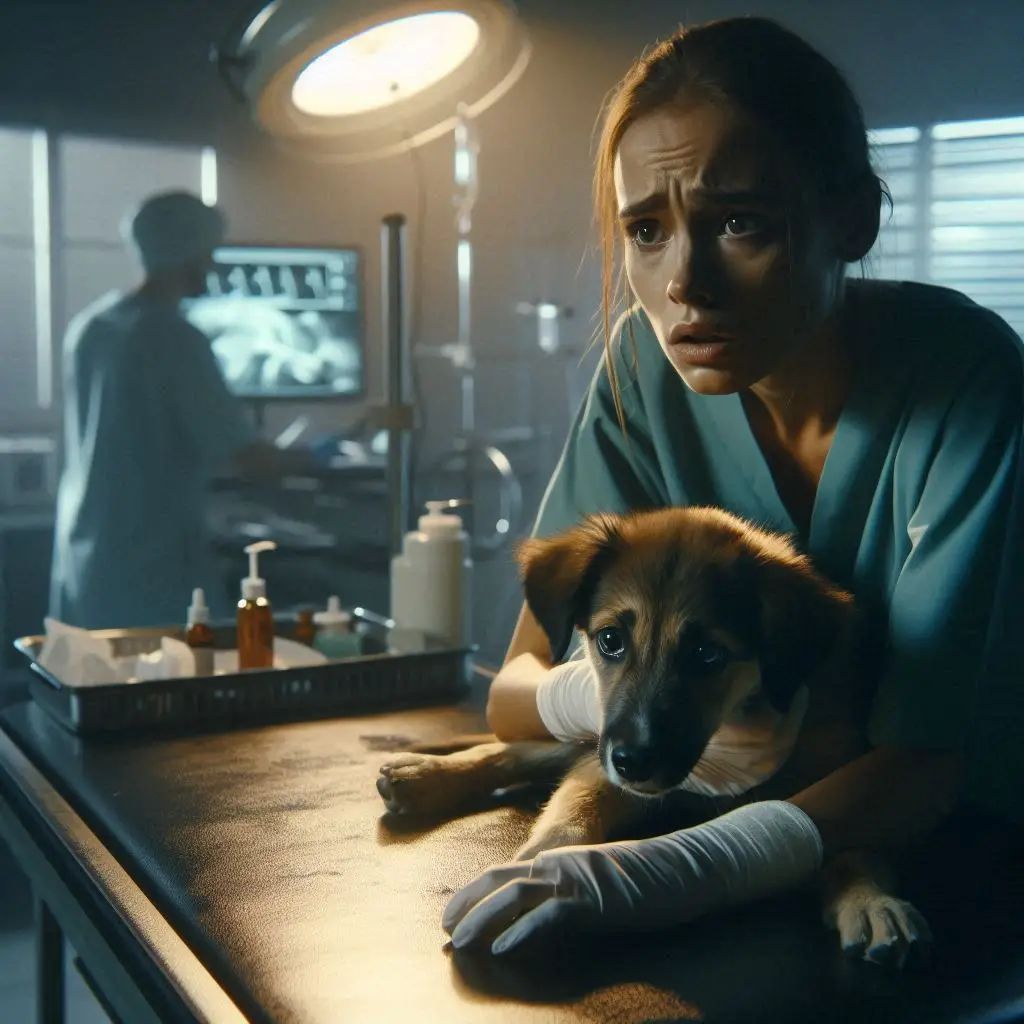 A worried pet owner holding her injured dog on a veterinary exam table in a dramatic, emotional scene.