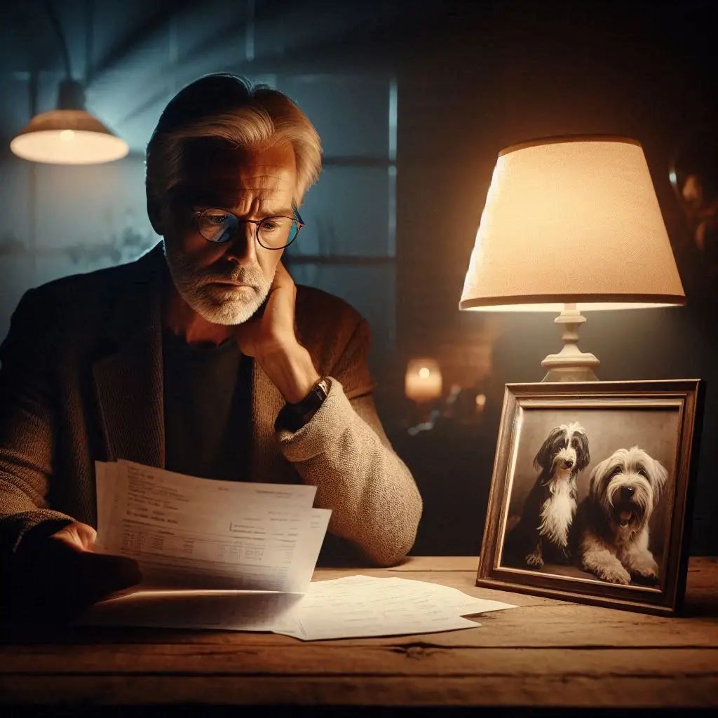 Man reviewing expensive veterinary bills after pet insurance denial