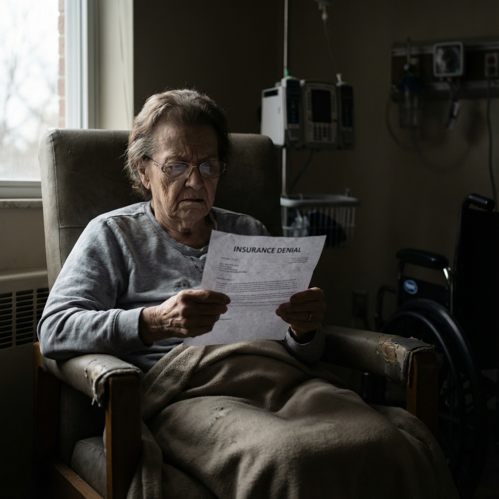 Elderly woman reading an insurance denial letter in a nursing facility room.