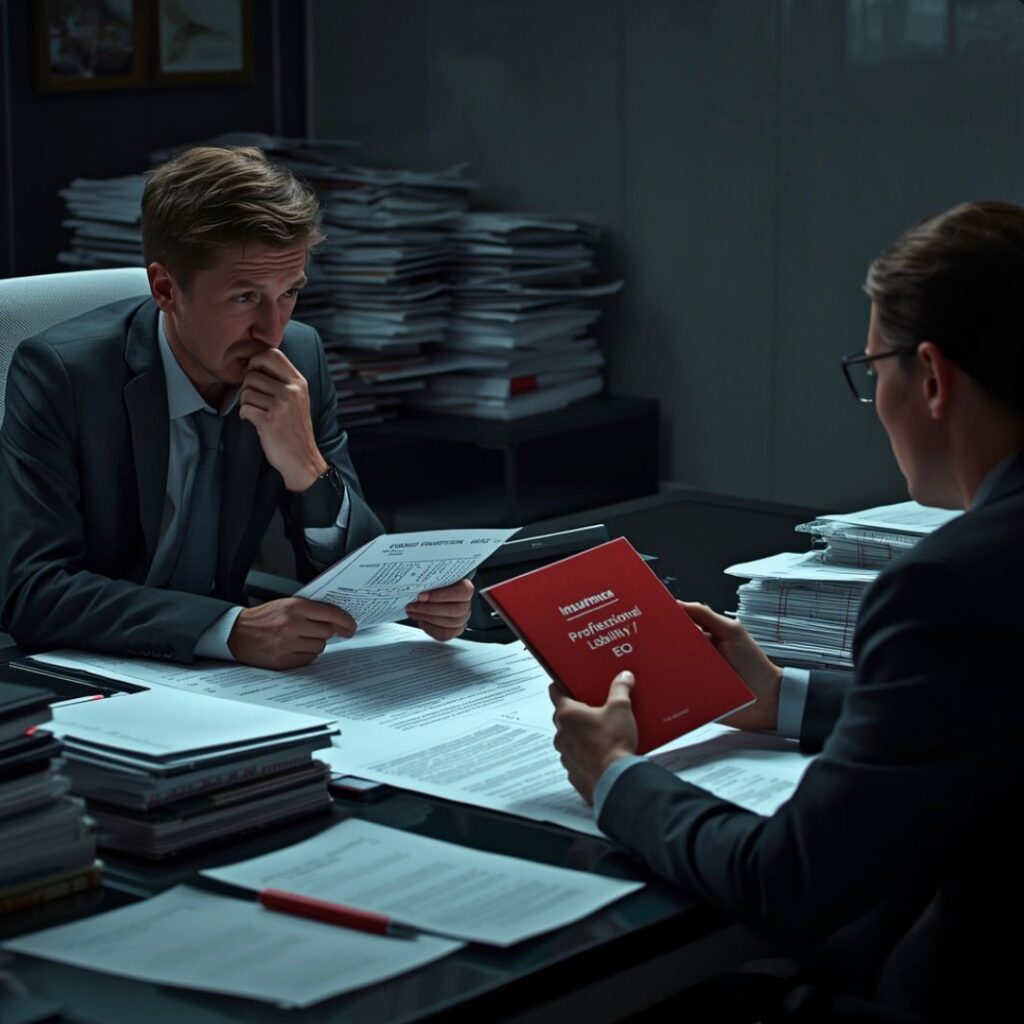 A consultant reviewing a denied professional liability insurance claim after a client dispute over an error in advice, surrounded by financial and legal documents.