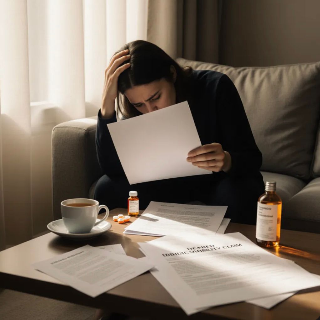 A person with fibromyalgia reviewing a denied disability insurance claim, surrounded by medical documents and prescription bottles, representing the struggle of invisible chronic pain.