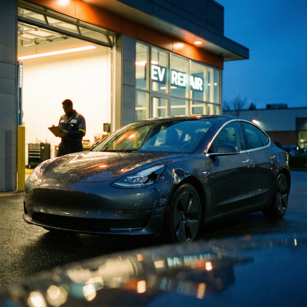 A cinematic image of a damaged Tesla Model 3 being inspected at a repair shop, symbolizing diminished value after an accident.