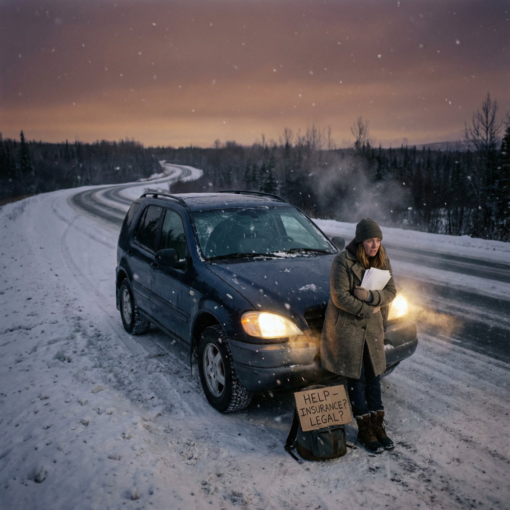 A worried woman beside her damaged SUV on a snowy Alaskan road at dusk, holding insurance papers after an underinsured motorist accident.