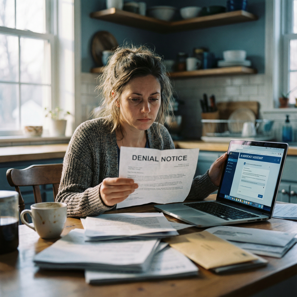 Young mother reviewing insurance denial papers while using an AI tool to appeal her health claim.