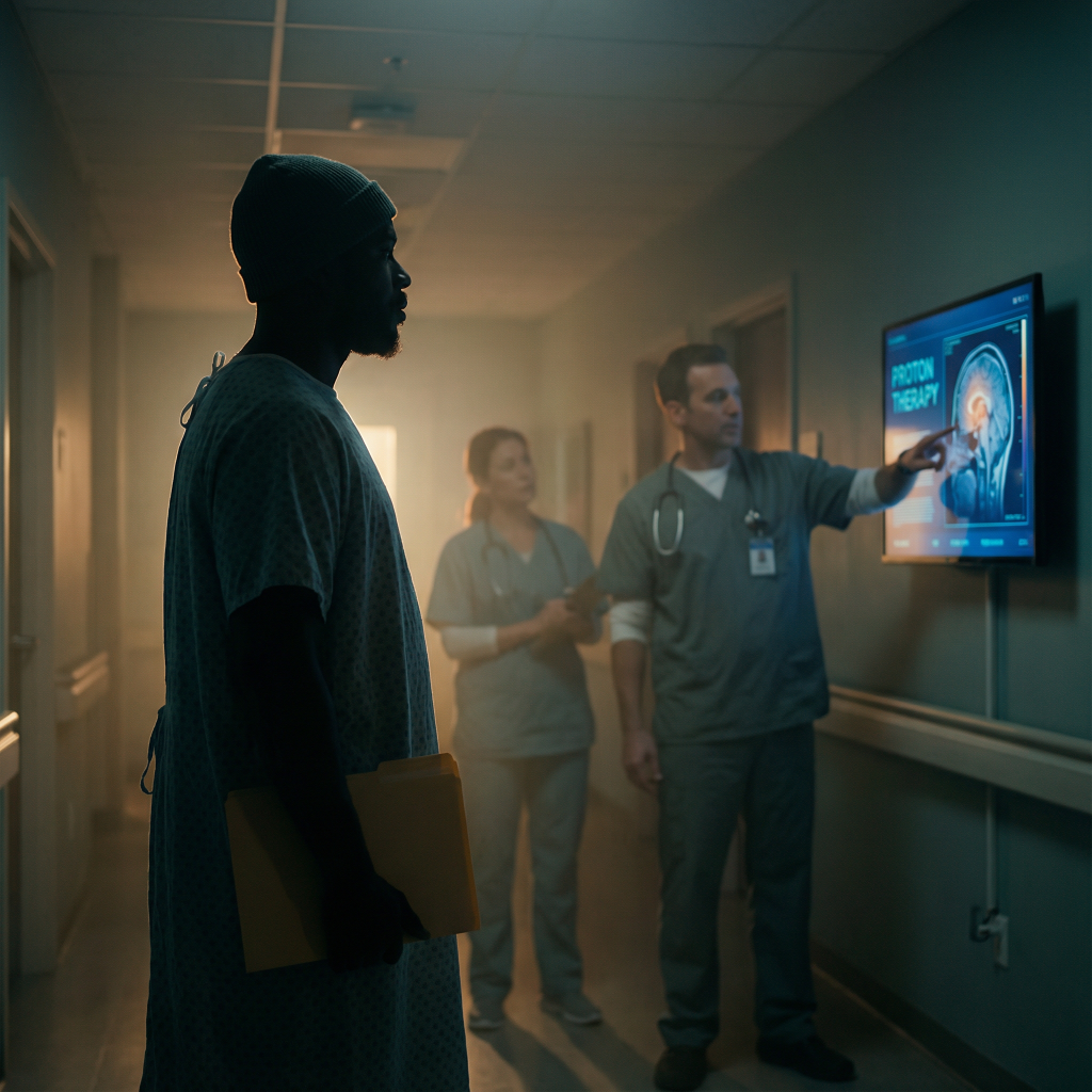 Cancer patient reviewing proton therapy scan with doctor in a cinematic hospital setting