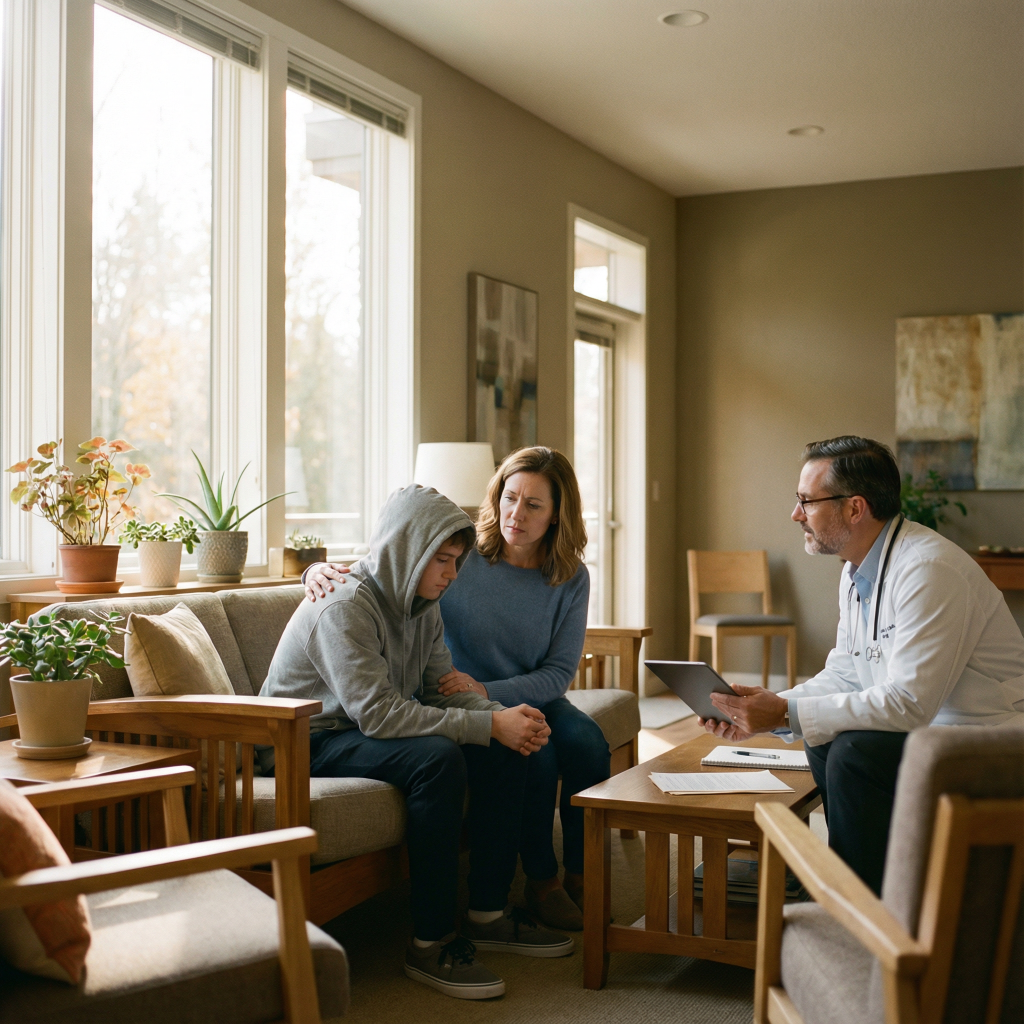 Mother supporting her teenage son during a mental-health treatment consultation