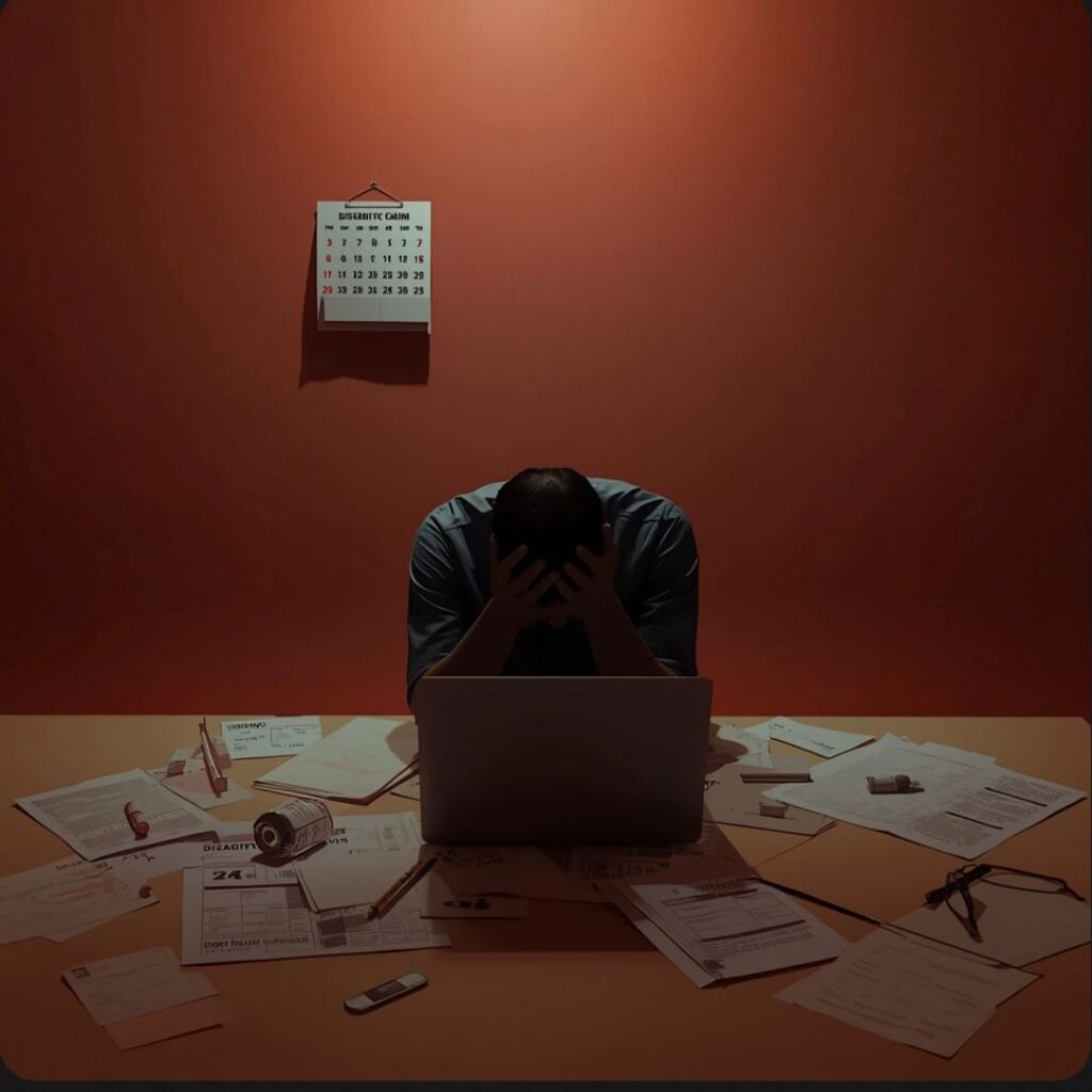 A person struggles with a disability insurance claim, facing the 24-month limitation on mental health coverage, surrounded by medical reports and paperwork.