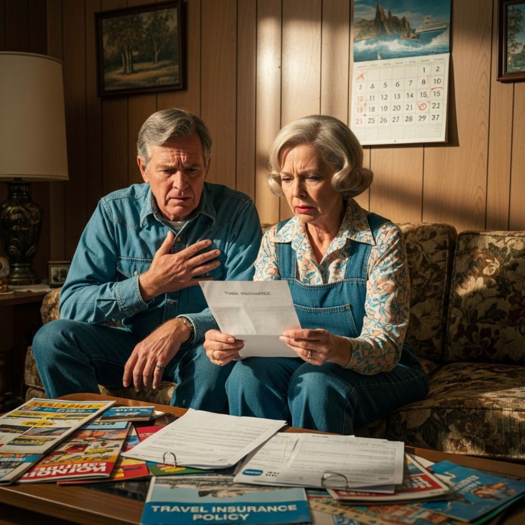 A retired couple reviewing a denied travel insurance claim due to a pre-existing medical condition, surrounded by cruise documents and brochures.