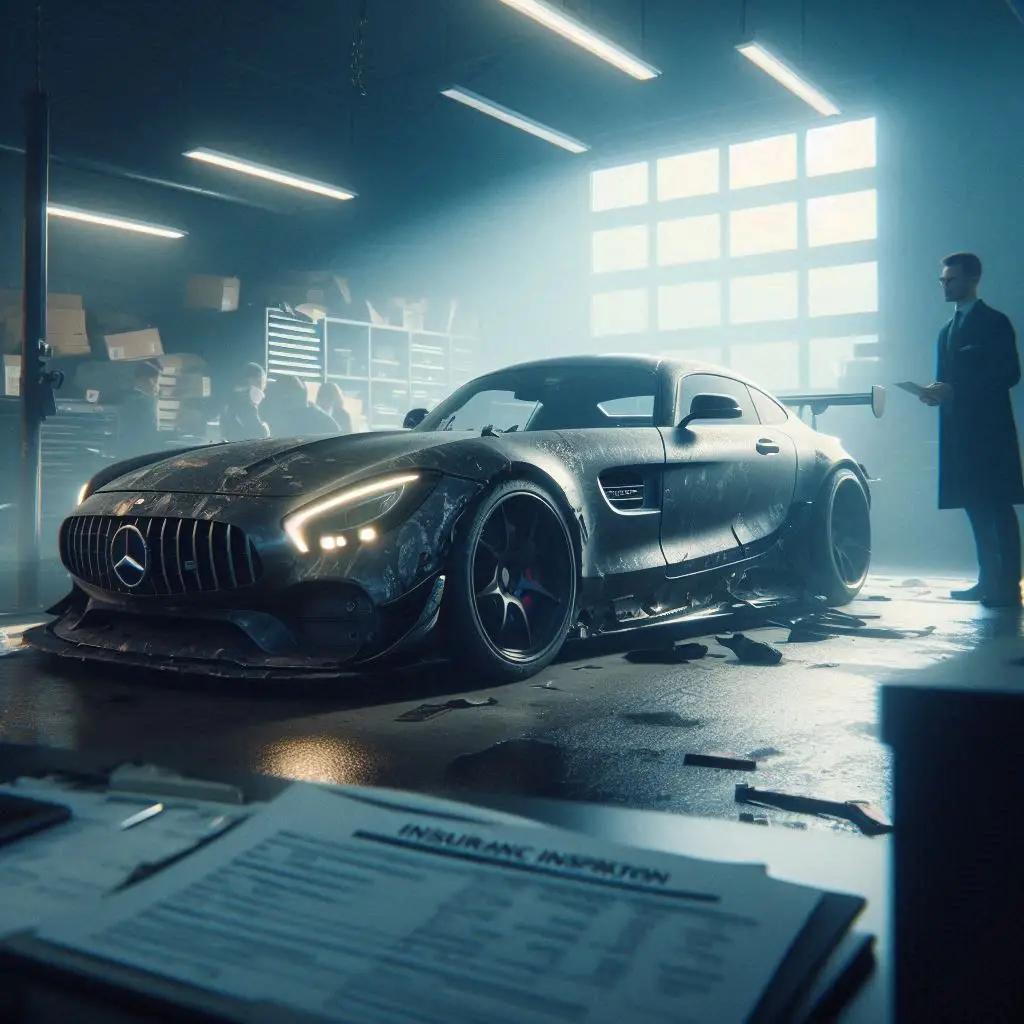 Wrecked Mercedes AMG GT with custom modifications in a cinematic insurance inspection scene.