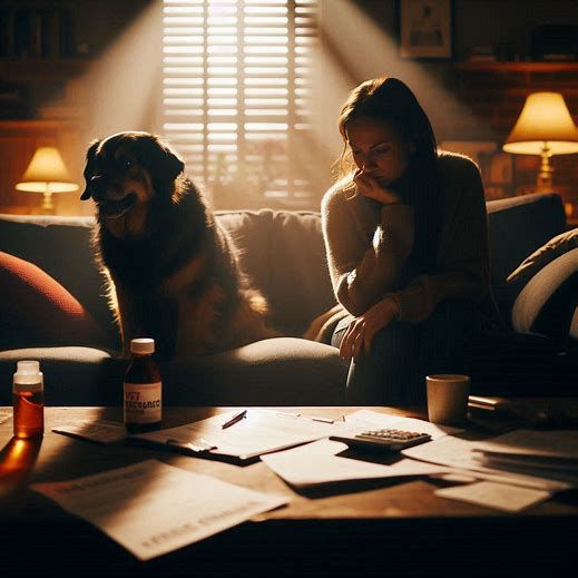 Worried pet owner sitting with her dog amid documents labeled "Lifetime Coverage", illustrating canceled pet insurance policies.