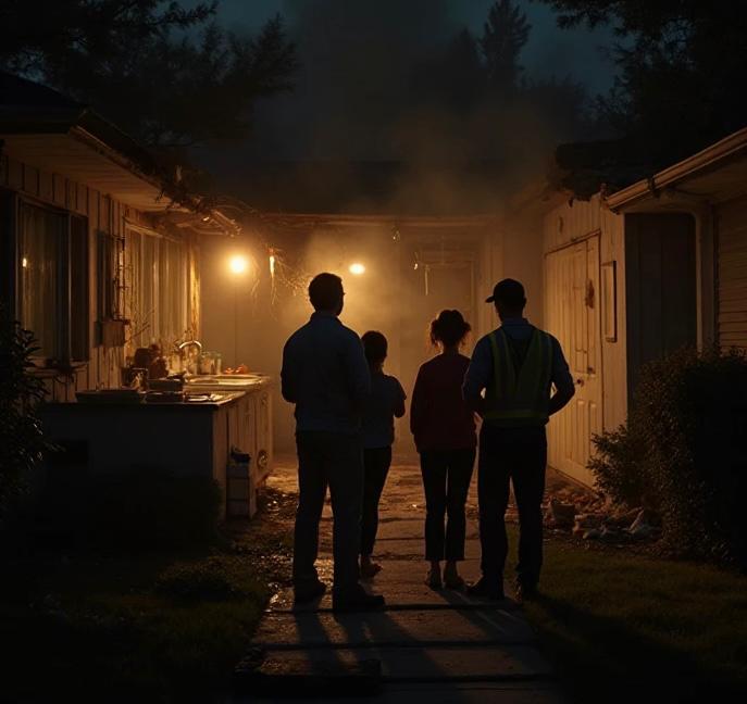 A fire-damaged 1950s home with a worried family listening to a contractor explain mandatory code upgrades after an electrical fire.