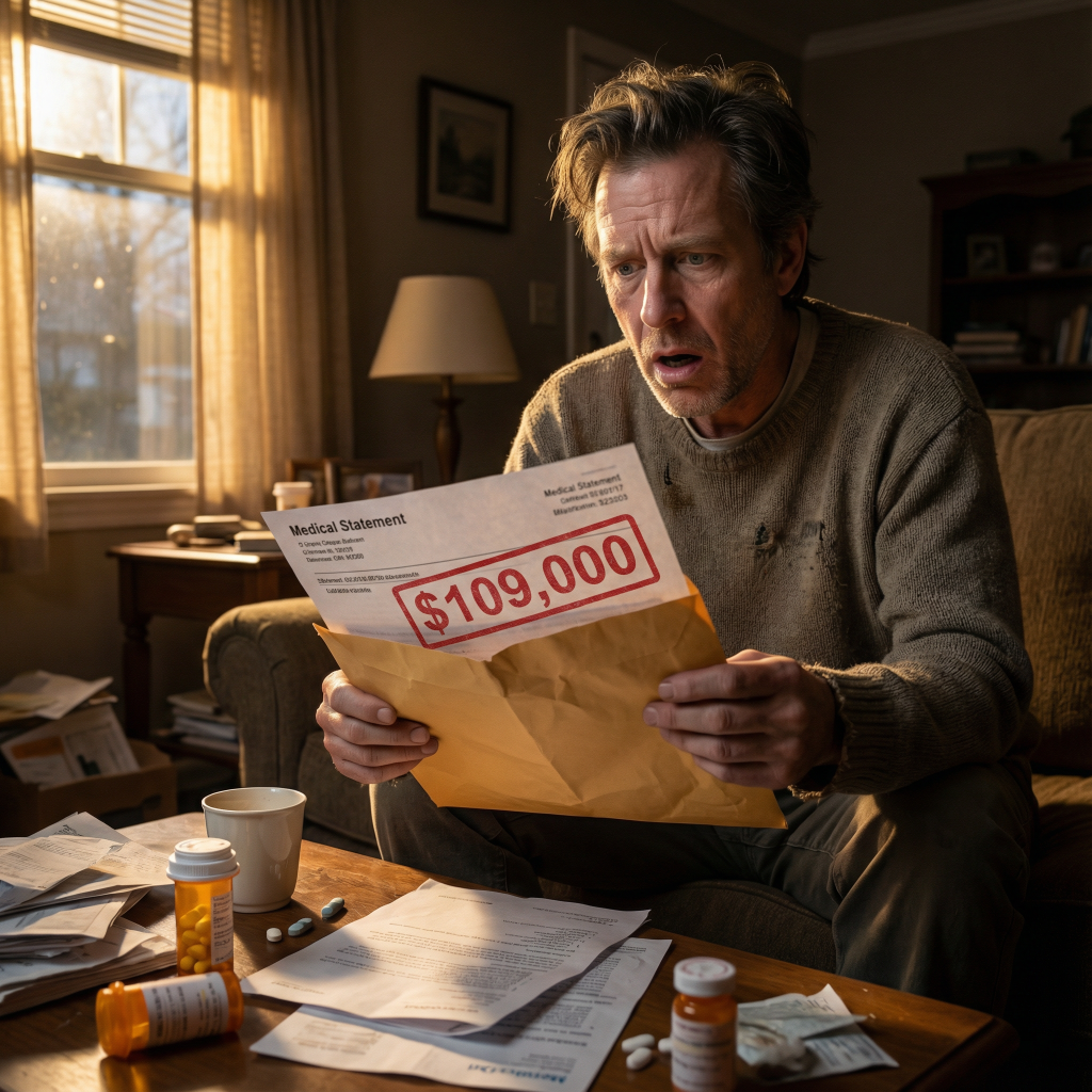 A man looking stunned while reading a $109,000 medical bill related to emergency surgery.