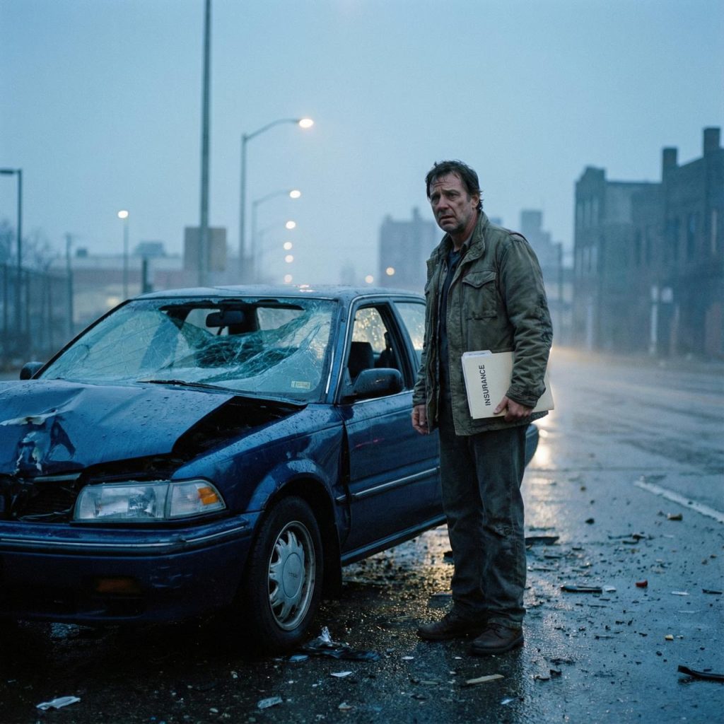 A man examining his totaled car after an accident while reviewing an unfair insurance offer.