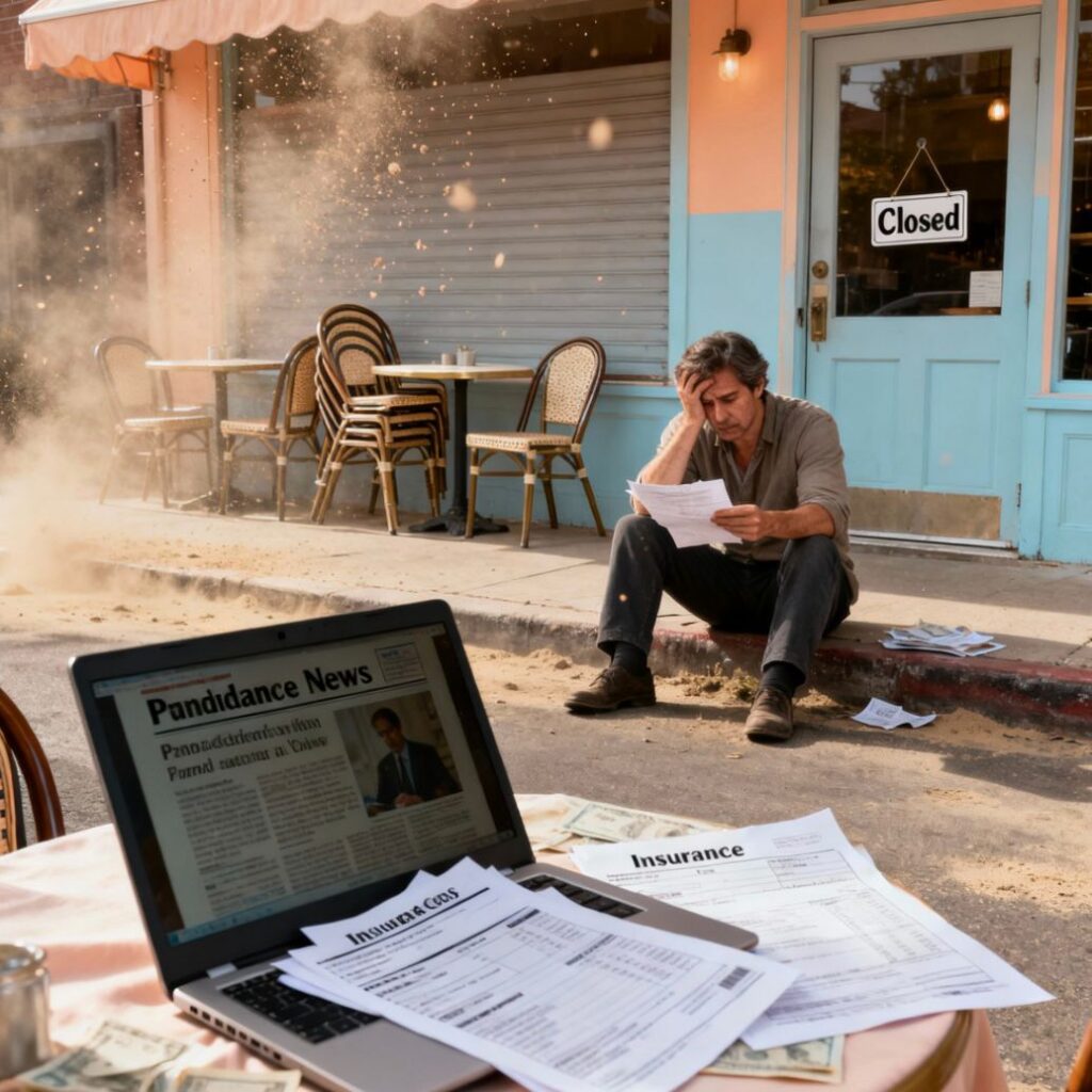 A small business owner reviews a denied business interruption insurance claim during a pandemic, sitting outside their closed store surrounded by invoices and documents.
