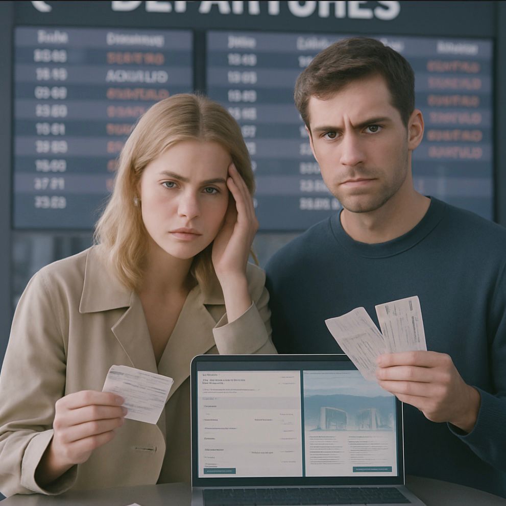 A couple at a crowded airport dealing with missed flight connections, holding last-minute travel documents and receipts after their trip interruption insurance claim was denied.