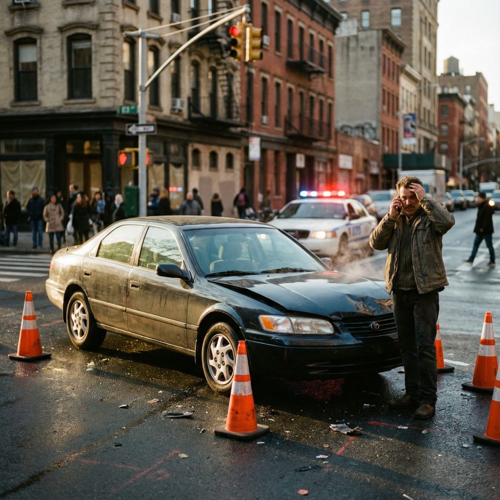 A cinematic shot of a damaged sedan after an accident at an American intersection with a worried man calling for help.