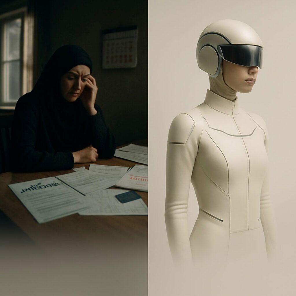 A grieving widow reviewing life insurance documents and missed payment notices after her husband’s policy lapsed due to an expired credit card.