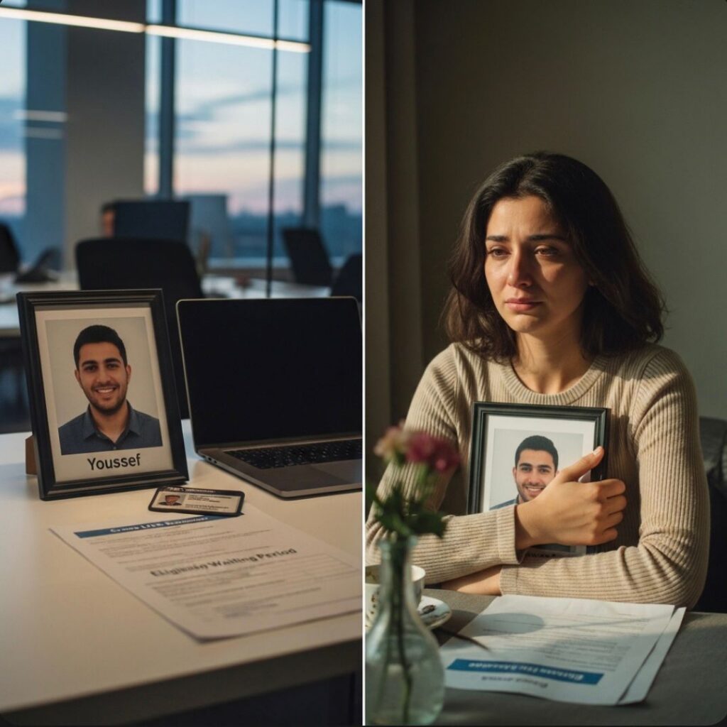 A grieving woman holding a photo of her late husband beside documents showing expired group life insurance coverage after a job change.