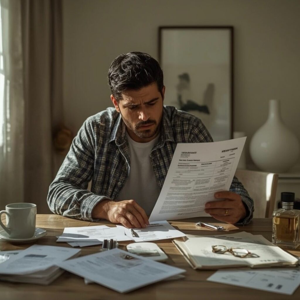 A man reviewing disability insurance and government benefit statements, realizing his private insurance reduces benefits by what he received from the government.