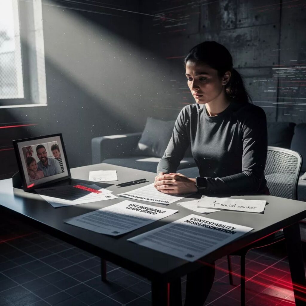 A grieving widow reviewing denied life insurance documents showing a misrepresentation during the contestability period.