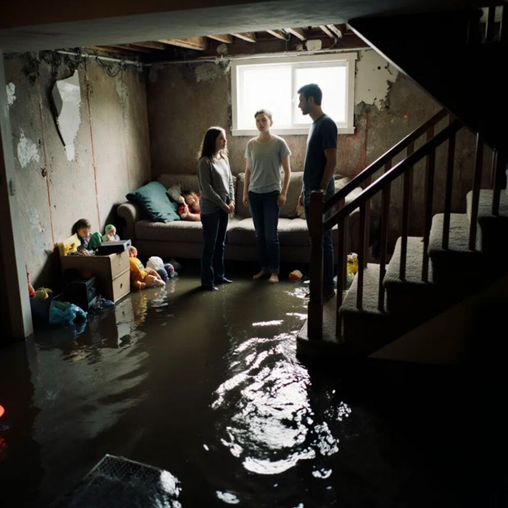 A flooded basement filled with dirty wastewater rising from floor drains, with a family standing in shock at the stairs.