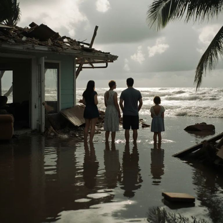 A flooded coastal home with a family standing in shock as ocean water fills the entire first floor after a hurricane.