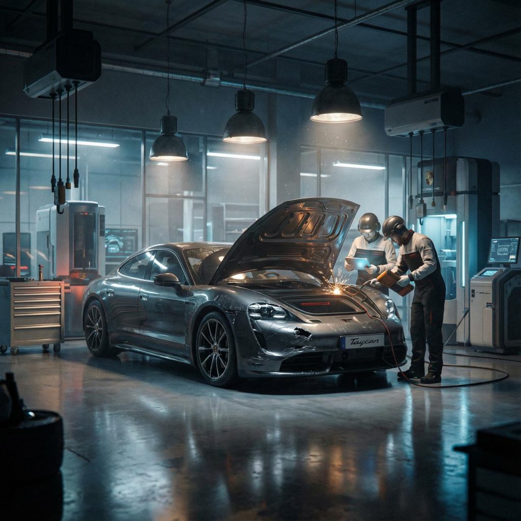 A damaged Porsche Taycan being inspected inside a certified repair center with professional technicians.