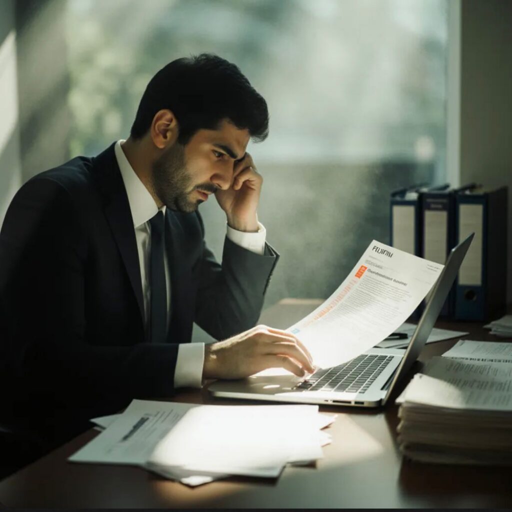 A small business owner reviewing employment lawsuit documents and an email showing prior knowledge, discovering his EPLI claim was denied due to a prior knowledge exclusion.