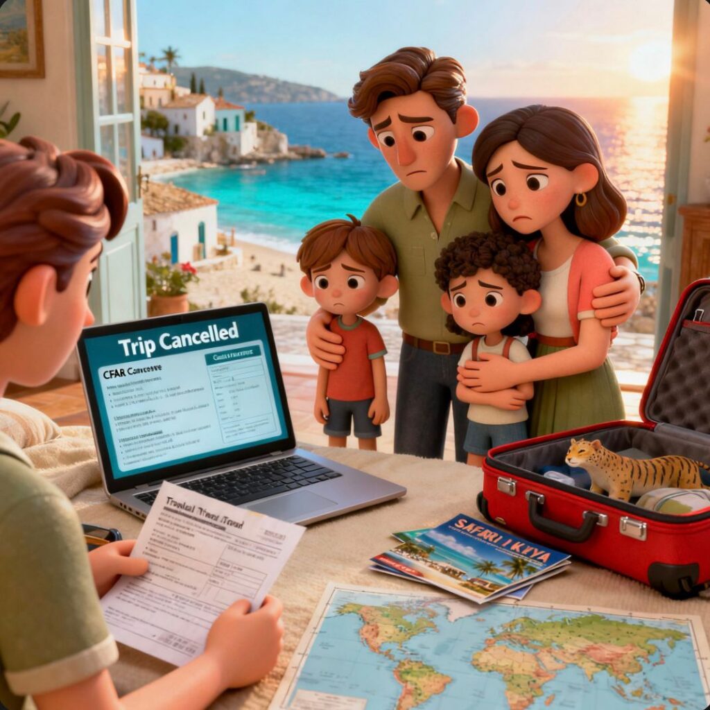 A family reviewing cancelled trip details and “Cancel For Any Reason” (CFAR) travel insurance documents, realizing they will not be fully reimbursed.