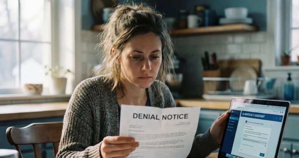 mother with newborn facing denied health insurance claim and medical bills