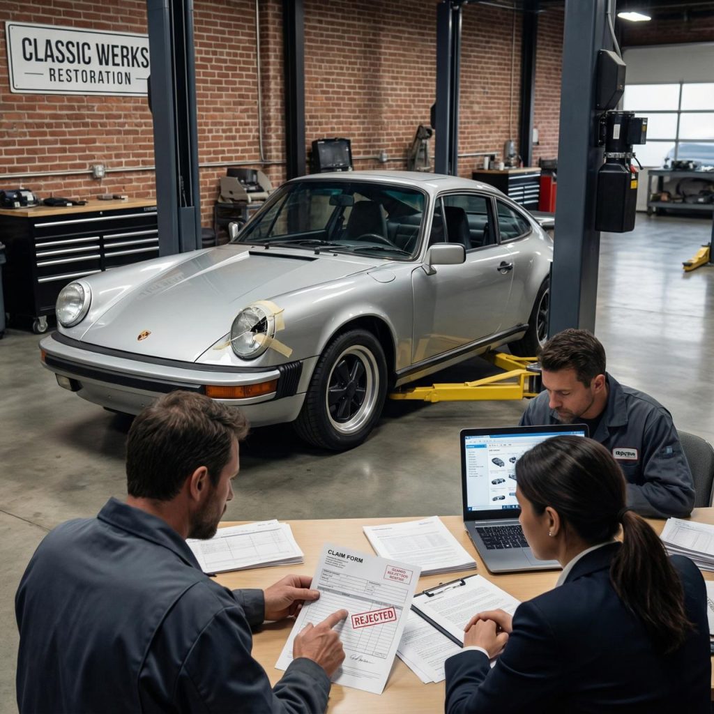 Classic 1985 Porsche 911 with visible damage being inspected in a restoration garage, highlighting the conflict between OEM and aftermarket parts.