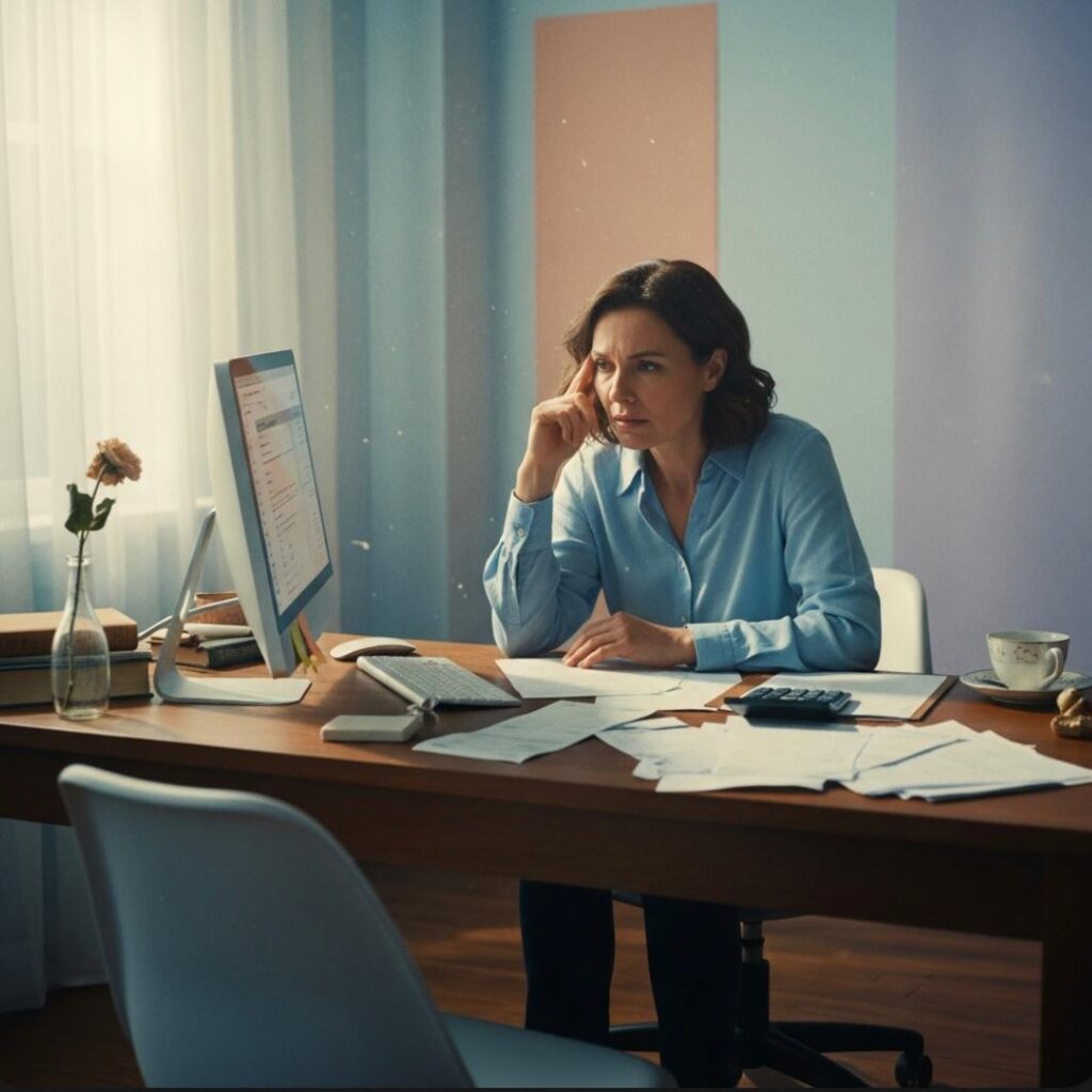 Business owner discovering employee embezzlement in a retail store office, emphasizing concern and financial risk