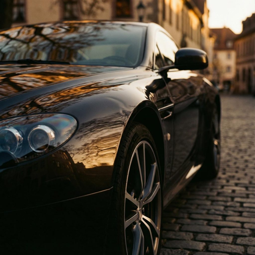 A cinematic close-up of a luxury car at golden hour, highlighting its restored condition after an accident.”