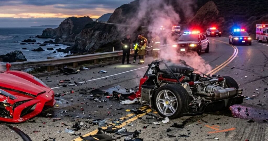 Ferrari Enzo split in half after high-speed crash in Malibu, California, highlighting exotic car insurance fraud case involving illegal ownership and investigation.