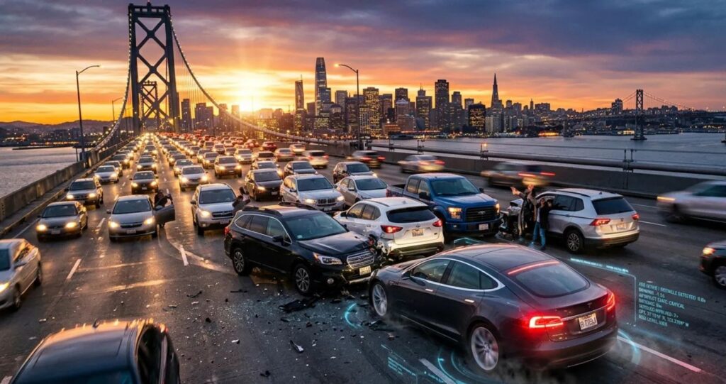 Tesla phantom braking accident on San Francisco Bay Bridge involving multiple vehicles and AI self-driving system failure