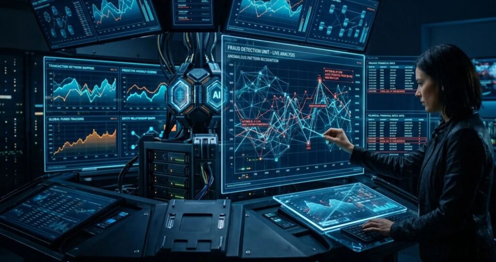 AI system detecting insurance fraud patterns in financial and medical data