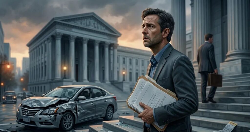 Worried driver holding insurance documents after a car accident with courthouse in background representing State Farm bad faith case