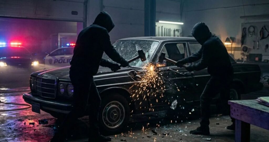 Damaged car being intentionally smashed with a sledgehammer as part of an organized insurance fraud scheme in Miami