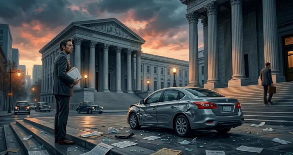 Car accident insurance case illustration showing worried driver with documents outside courthouse representing State Farm bad faith lawsuit