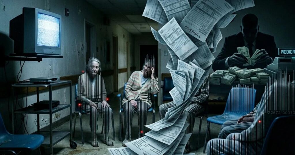 Elderly patients sitting silently in a mental health facility during a Medicare fraud case involving fake therapy sessions