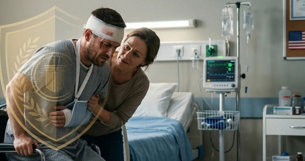 Wounded soldier receiving support in a military hospital, symbolizing recovery and financial protection after war injuries.