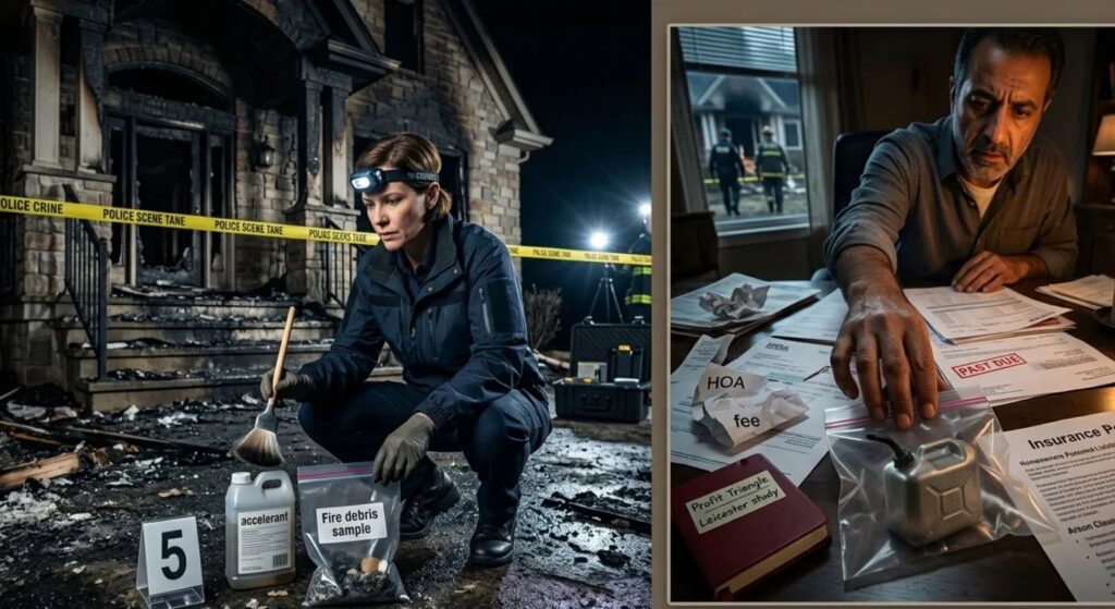 Forensic investigator examining evidence in a home insurance arson fraud case