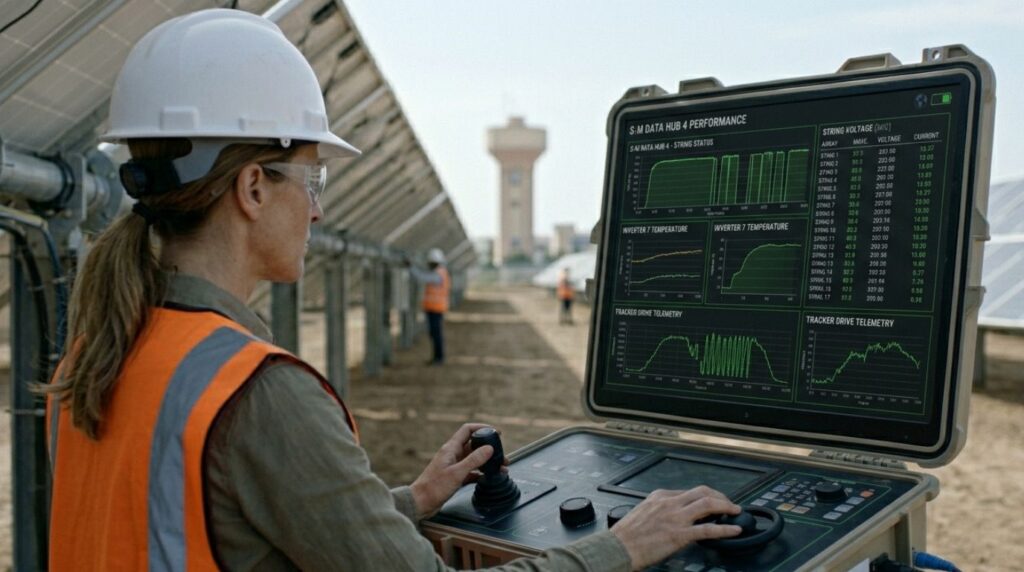 A renewable energy insurance adjuster checking data on a tablet next to a row of commercial solar panels