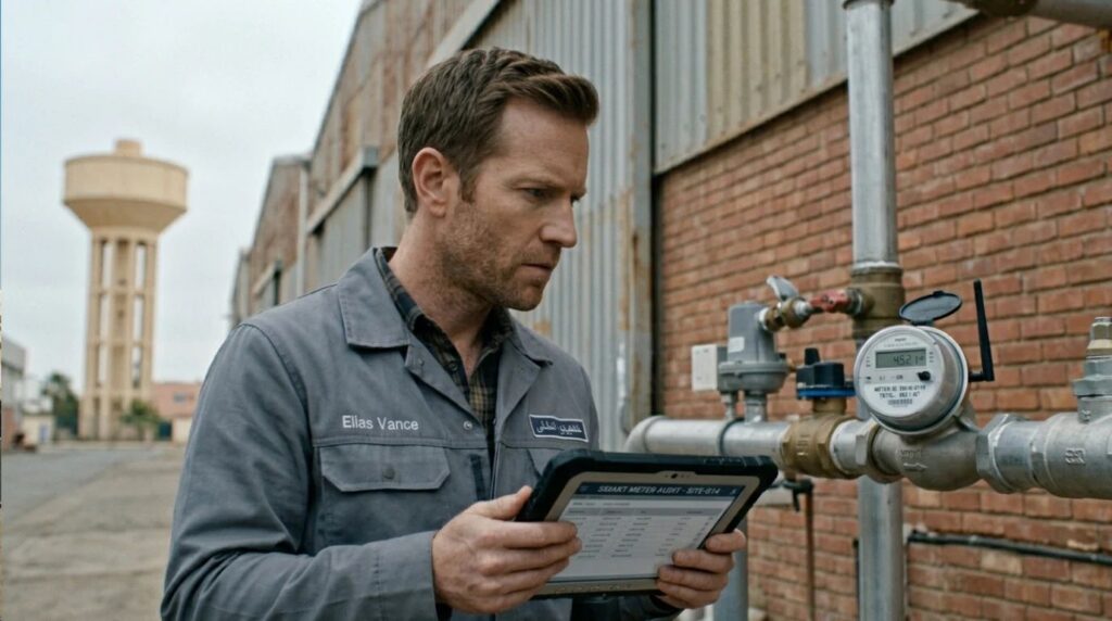 A high-fidelity cinematic film still of an insurance adjuster inspecting a commercial smart water meter panel outside a warehouse