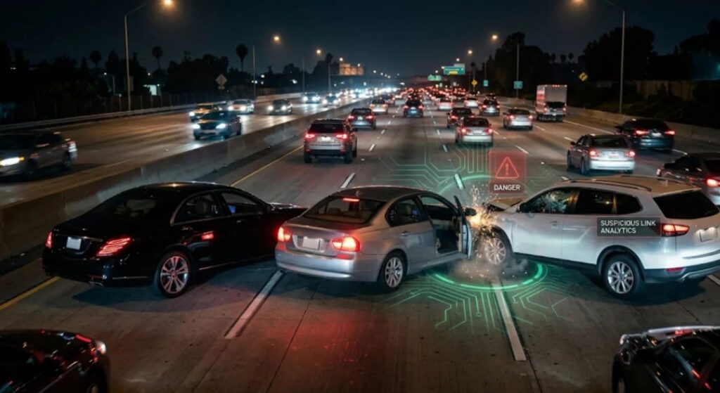 Car insurance fraud staged accident swoop and squat maneuver on highway