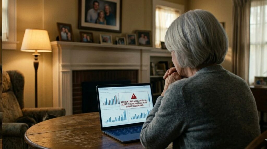 Senior woman crying looking at laptop screen showing financial identity theft scam