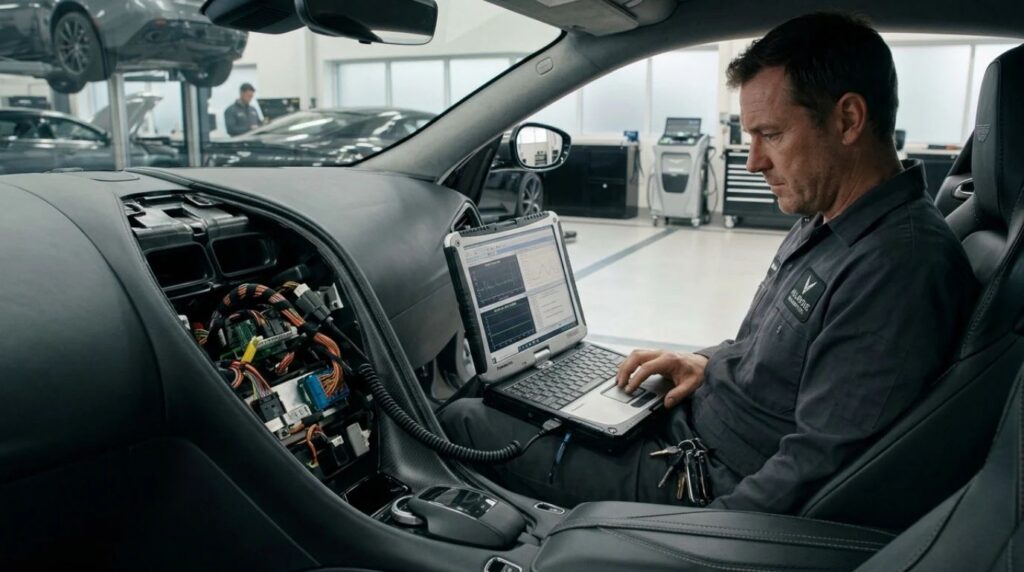 An automotive technician connecting a diagnostic laptop to an airbag control module inside a sports car dashboard