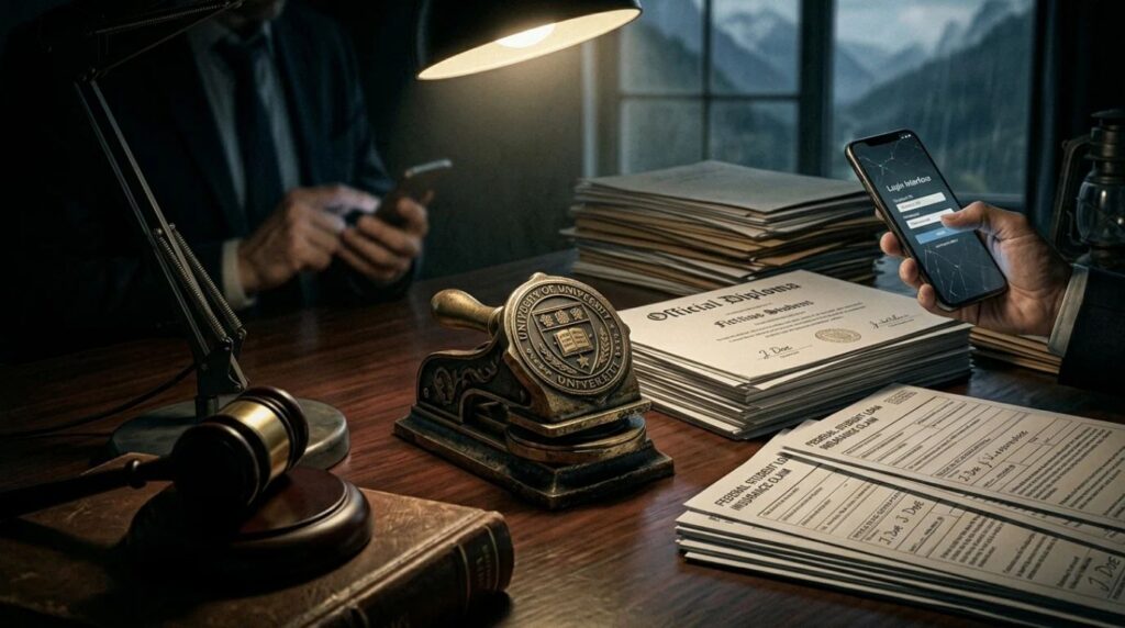 Ghost university website concept showing fake online education system used for student loan fraud investigations.