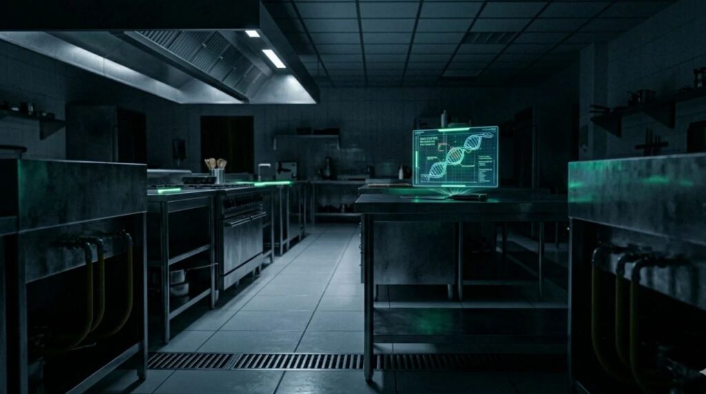 Luxury restaurant kitchen at night with green bacterial DNA symbols glowing on a steel table